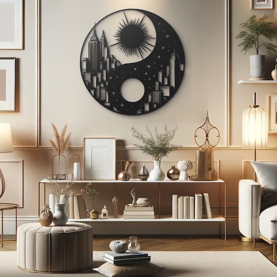 Yin Yang City Metal Wall Art: Modern Cityscape Day and Night Decor for Contemporary Homes