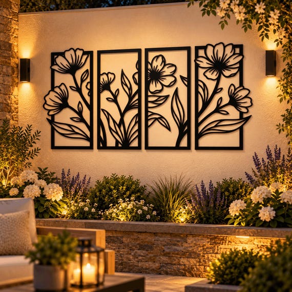 Botanical Wall Art: 4-Piece Framed Metal Flower Panel Set for Bedroom and Living Room