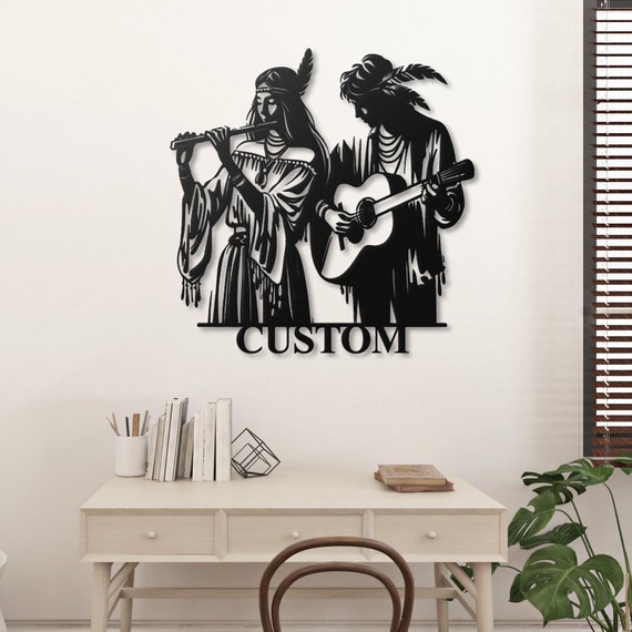 Native Flute Guitar Custom Metal Wall Art | Boho Tribal Decor | Personalized Music Sign