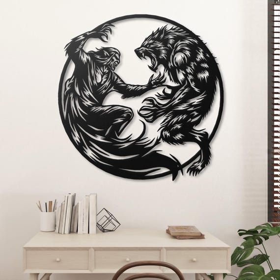 Vampire Battling Werewolf  Metal Wall Art – Intricate Gothic Home Decor – Unique Dark Fantasy Wall Hanging