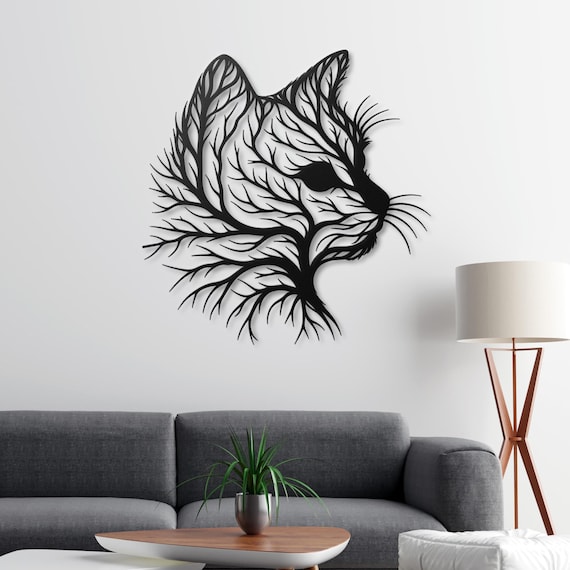 Metal Cat Wall Art – Nature Inspired Tree Silhouette Decor