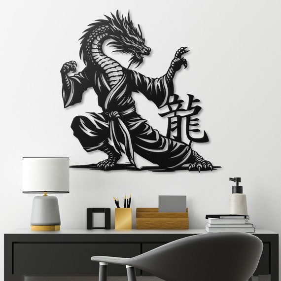 Martial Arts Dragon Metal Wall Art, Japanese Dragon Decor with Ryuu Kanji, Asian Style Wall Sculpture, Bold Samurai Decor, Unique Wall Gift