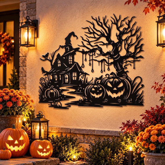 Halloween Metal Wall Art, Haunted House Wall Decor, Pumpkin Wall Hanging, Spooky Tree Decor, Gothic Fall Home Decor