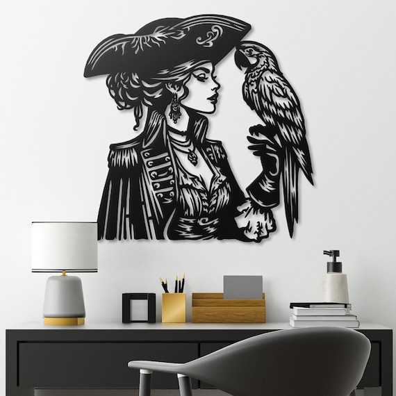 Pirate Lady with Parrot Metal Wall Art | Elegant  Home Decor | Nautical Pirate Theme Wall Hanging