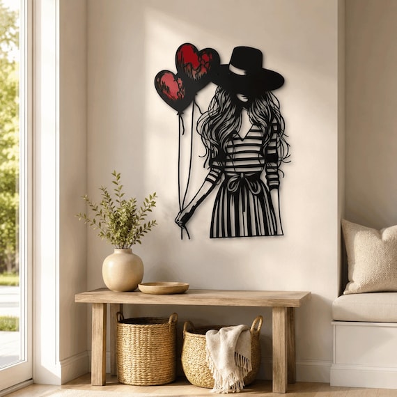 Heart Balloon Woman Metal Wall Art  Fun Love Decor ,