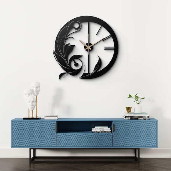 Black Metal Wall Clock - Ornate Leaf Design, Minimalist Geometric Art, Modern Home Decor, Unique Wall Art for Living Room, Office, Bedroom