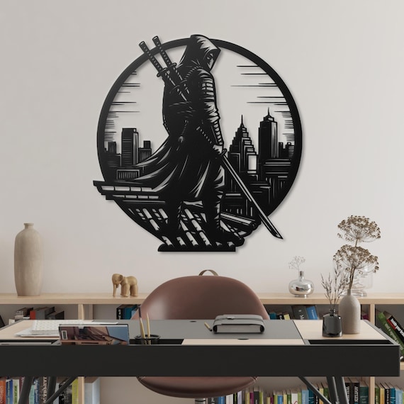 Epic Hooded Ninja Warrior Metal Wall Art |  Unique Wall Hanging | Modern Industrial Style | Perfect for Living Room, Office, or Man Cave