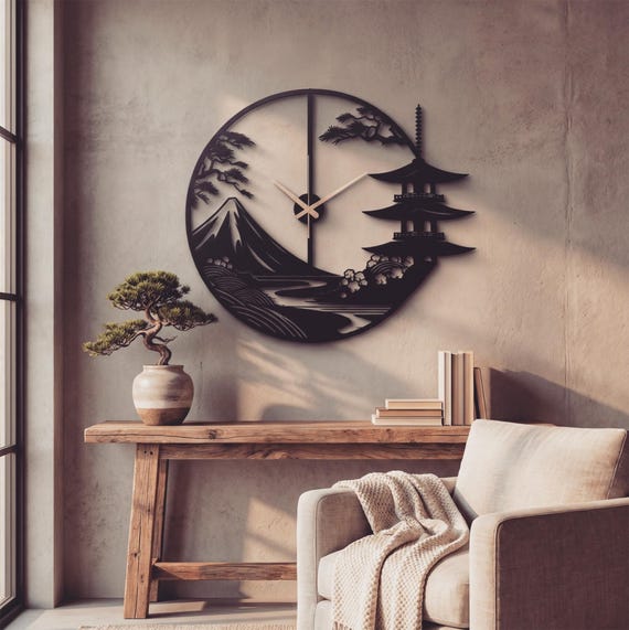 Japanese Landscape Metal Wall Clock - Zen Wall Decor