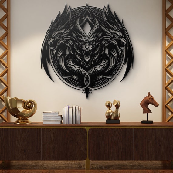 Triple Dragon Head Metal Wall Art - Tribal Gothic Decor, Mythical Dragon Wall Sculpture, Fierce Round Dragon Artwork, Fantasy Wall Accent