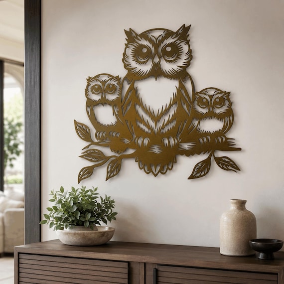 Metal Owl Family Wall Art | Rustic Woodland Wall Decor