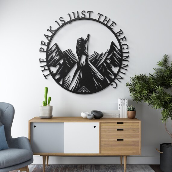 Mountain Climber Motivational Metal Wall Art | "The Peak is Just the Beginning" Inspirational Wall Decor | Unique Hiker Gift