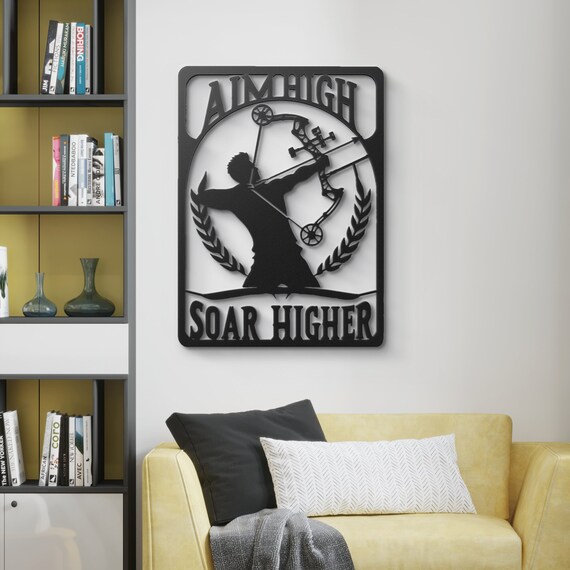 Aim High Soar Higher Archery Metal Wall Art - Inspirational Archer & Laurel Wreath Design