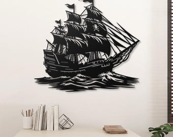 Pirate Ship Metal Wall Art | Nautical Wall Decor | Tall Ship Hanging | Ocean & Man Cave Art | Jolly Roger Sailor Gift for Him