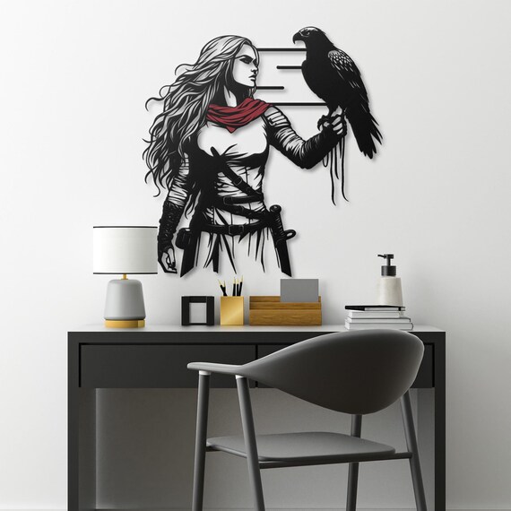 Warrior Woman Metal Wall Art with Falcon |  Unique Metal Wall Sculpture for Home