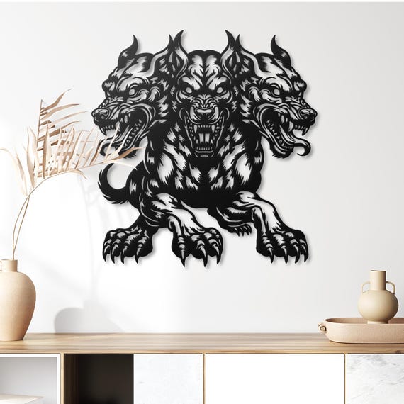 Cerberus Metal Wall Art: Gothic Mythical Three-Headed Dog Sculpture