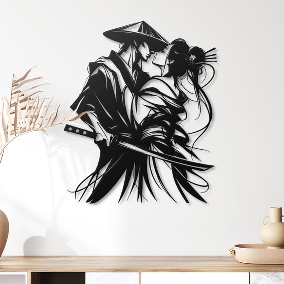 Japanese Samurai Geisha Metal Wall Art, Modern Asian Decor for Living Room, Large Warrior Couple Silhouette,  Minimalist Office Wall Hanging