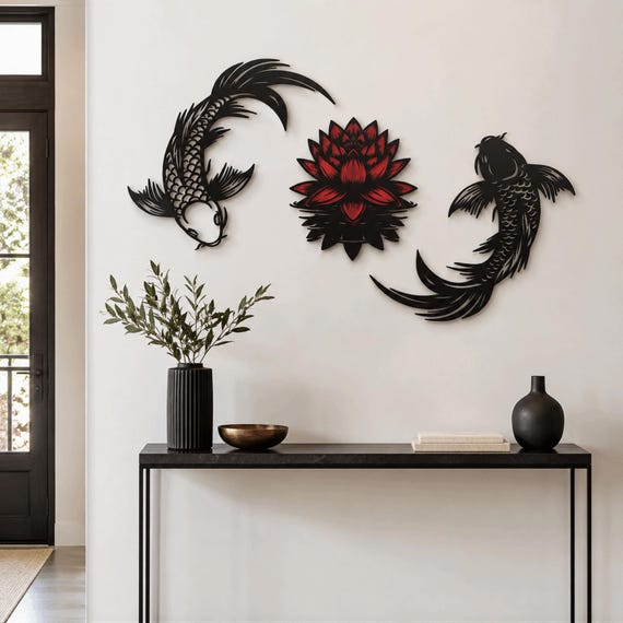 Koi Fish and Lotus Metal Wall Art: Zen Home Decor, Set of 3
