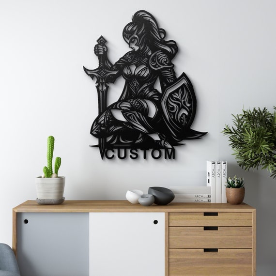 Custom Metal Wall Art - Female Warrior with Sword and Shield | Unique Home Decor | Personalized Gift