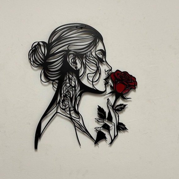 Rose Woman with Flower Metal Wall Art: Minimalist Japandi Portrait