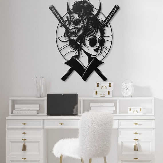 Mystic Warrior Woman with Oni | Metal Wall Art | Samurai Katanas | Gothic Home Decor | Unique Wall Sculpture | Gift for Her
