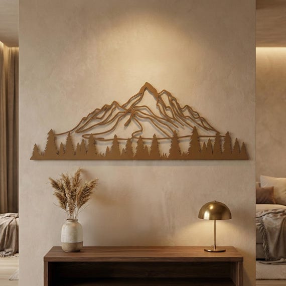 Metal Mountain and Pine Tree Wall Art: Nature Wall Decor