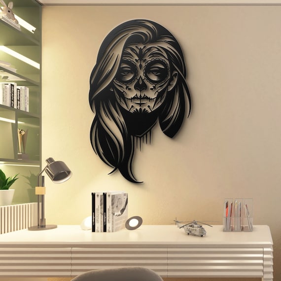 Day of the Dead Woman Metal Wall Art | Mexican Sugar Skull Decor | Unique Dia de los Muertos Art | Metal Silhouette Art | Mexican Wall Art