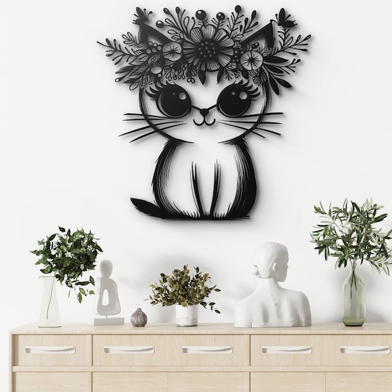 Cute Floral Cat Metal Wall Art, Whimsical Kitten Wall Decor with Flowers, Adorable Cat Face Decor, Metal Animal Art for Nursery or Kids Room