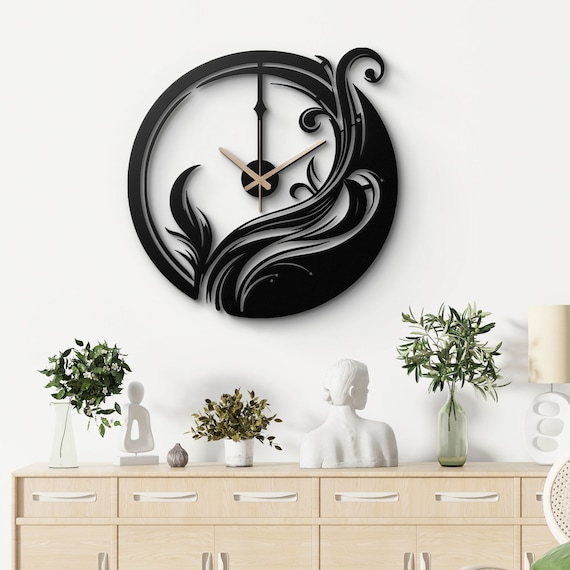 Modern Black Metal Wall Clock - Elegant Swirl Design, Artistic Home Decor, Unique Wall Art for Living Room, Office, Bedroom