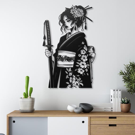 Geisha Metal Wall Art, Japanese Samurai Woman Decor, Modern Asian Silhouette for Living Room, Large Katana Sword Art, Unique Office Gift