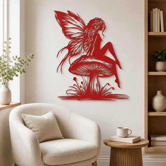 Enchanting Fairy Silhouette on Mushroom Metal Wall Art - Fantasy Decor for Home, Garden, Nursery