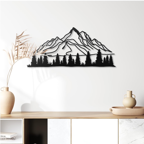 Metal Mountain and Pine Tree Wall Art: Nature Wall Decor