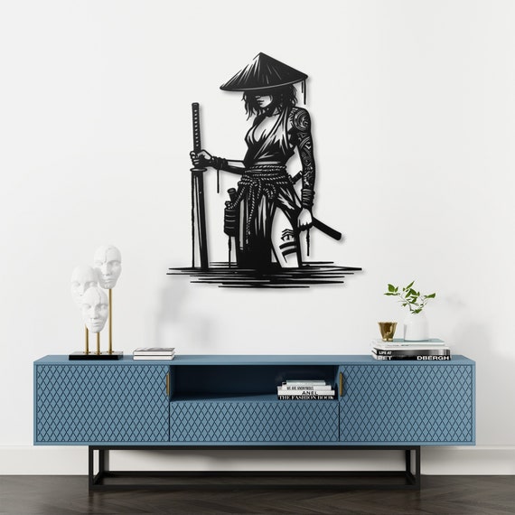 Samurai Warrior Woman Metal Wall Art, Fierce Female Ninja Decor, Japanese Style Sword Art, Bold Martial Arts Wall Hanging, Warrior Home Gift