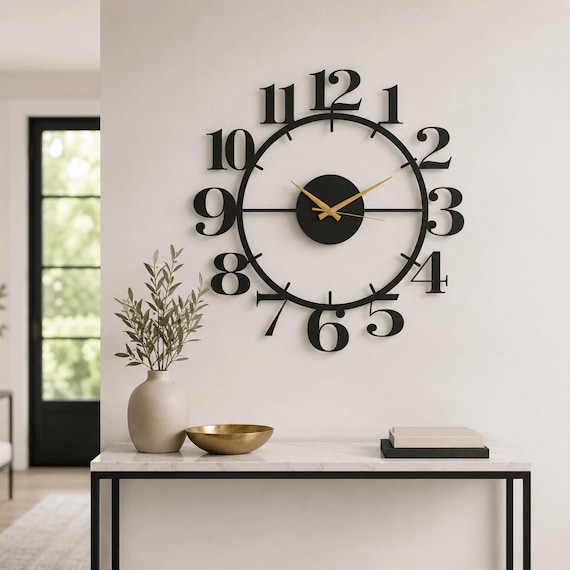 Large Metal Wall Clock, Oversized Open Face Number Clock, Modern Living Room Wall Decor, Metal Clock for Home, Housewarming Gift