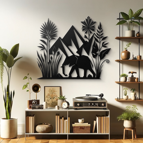 Safari Silhouette Metal Wall Art, African Elephant and Mountain Scenery, Nature Inspired Home Decor