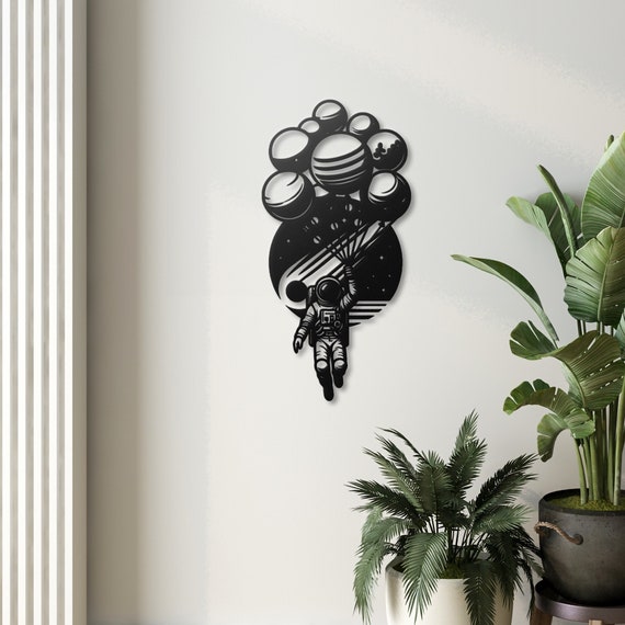Unique Metal Wall Art - Astronaut with Planet Balloons - Space Decor for Home or Office