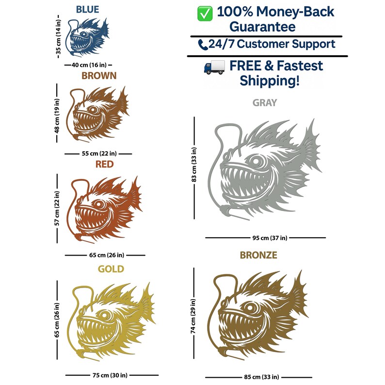 May include: A collection of anglerfish wall art in blue, brown, red, gray, gold, and bronze. Each fish features sharp teeth and a lure. Dimensions are provided in inches and centimeters, ranging from 14 by 16 inches to 33 by 37 inches.