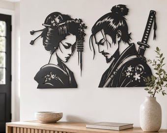 Arte mural de metal de geisha, decoración de pared de mujer japonesa samurái,