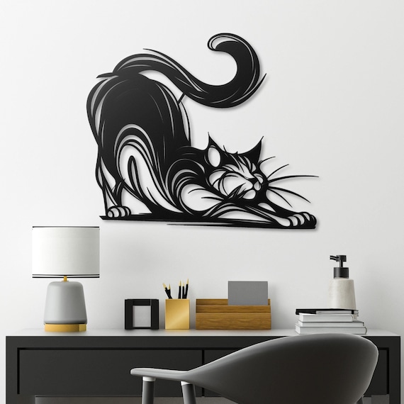 Stretching Cat Metal Wall Art | Playful Cat Wall Decor | Unique Feline Metal Wall Hanging | Adorable Cat Lover Gift
