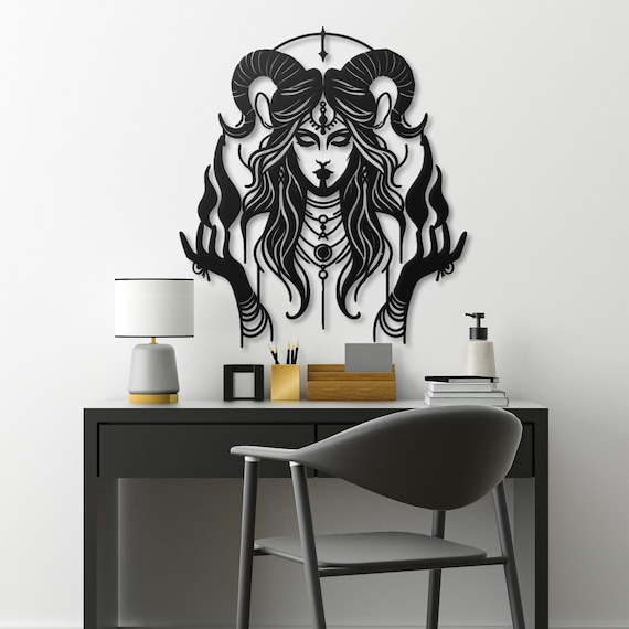 Mystical Horned Sorceress Metal Wall Art - Witchy Home Decor - Occult Themed Wall Hanging