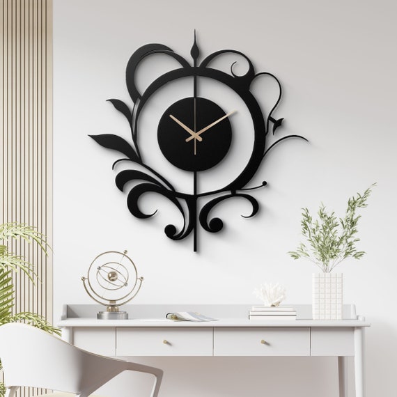 Elegant Black Metal Wall Clock - Ornate Floral Design, Modern Home Decor, Unique Wall Art for Living Room, Office, Bedroom