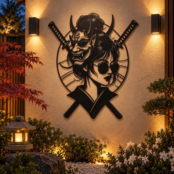 Japanese Samurai Metal Wall Art, Anime-Inspired Woman Portrait, Gaming Room Decor