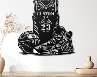 Aanpasbare metalen muurkunst basketbaljersey gepersonaliseerde atleetnummer, muurdecoratie sportfan