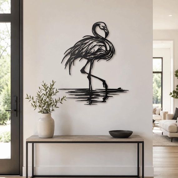 Metal Flamingo Wall Art  Modern Coastal Bird Sculpture ,