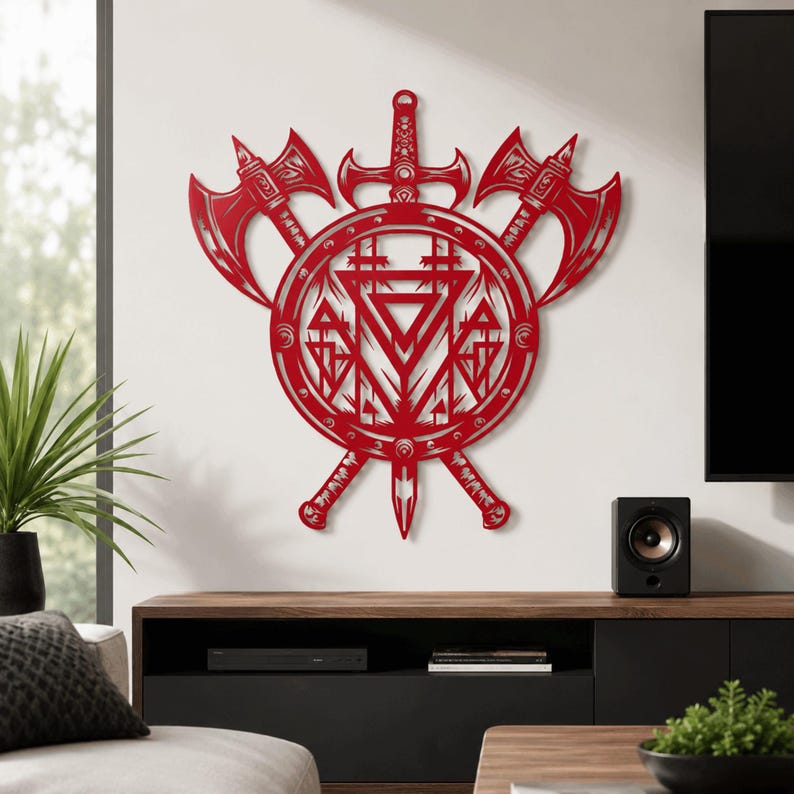 May include: A red metal wall art piece featuring a circular shield design centred behind two crossed battle axes and a vertical sword. The intricate cutout pattern includes geometric shapes, triangles, and sharp lines throughout the composition.