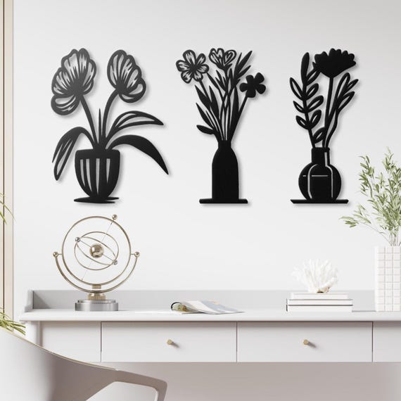 Set Of 3 Floral Metal Wall Art  - Perfect Home Decor, Elegant Black and White Flower Vases