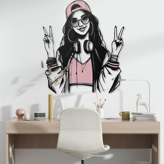 Trendy Girl Metal Wall Art - Pink Urban Vibes | Modern Decor for Teens & Young Adults | Cool Peace Sign Artwork