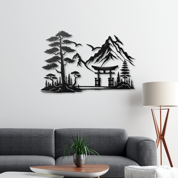Japanese Torii Gate Mountain Landscape Metal Wall Art - Zen Decor for Home and Office