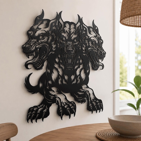 Cerberus Metal Wall Art: Gothic Mythical Three-Headed Dog Sculpture ,