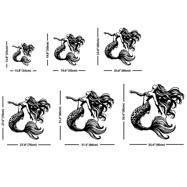Puede incluir: Un conjunto de seis siluetas de sirenas negras para decoraci&oacute;n de pared en varios tama&ntilde;os. Las dimensiones est&aacute;n claramente marcadas como 35 cm, 50 cm, 60 cm, 70 cm, 80 cm y 90 cm, junto con sus equivalentes en pulgadas.