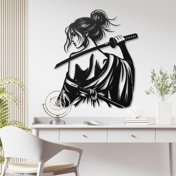 Samurai Woman Metal Wall Art, Warrior Female Decor, Modern Katana Art, Japanese Sword Wall Art, Elegant Samurai Wall Hanging Home Decor Gift